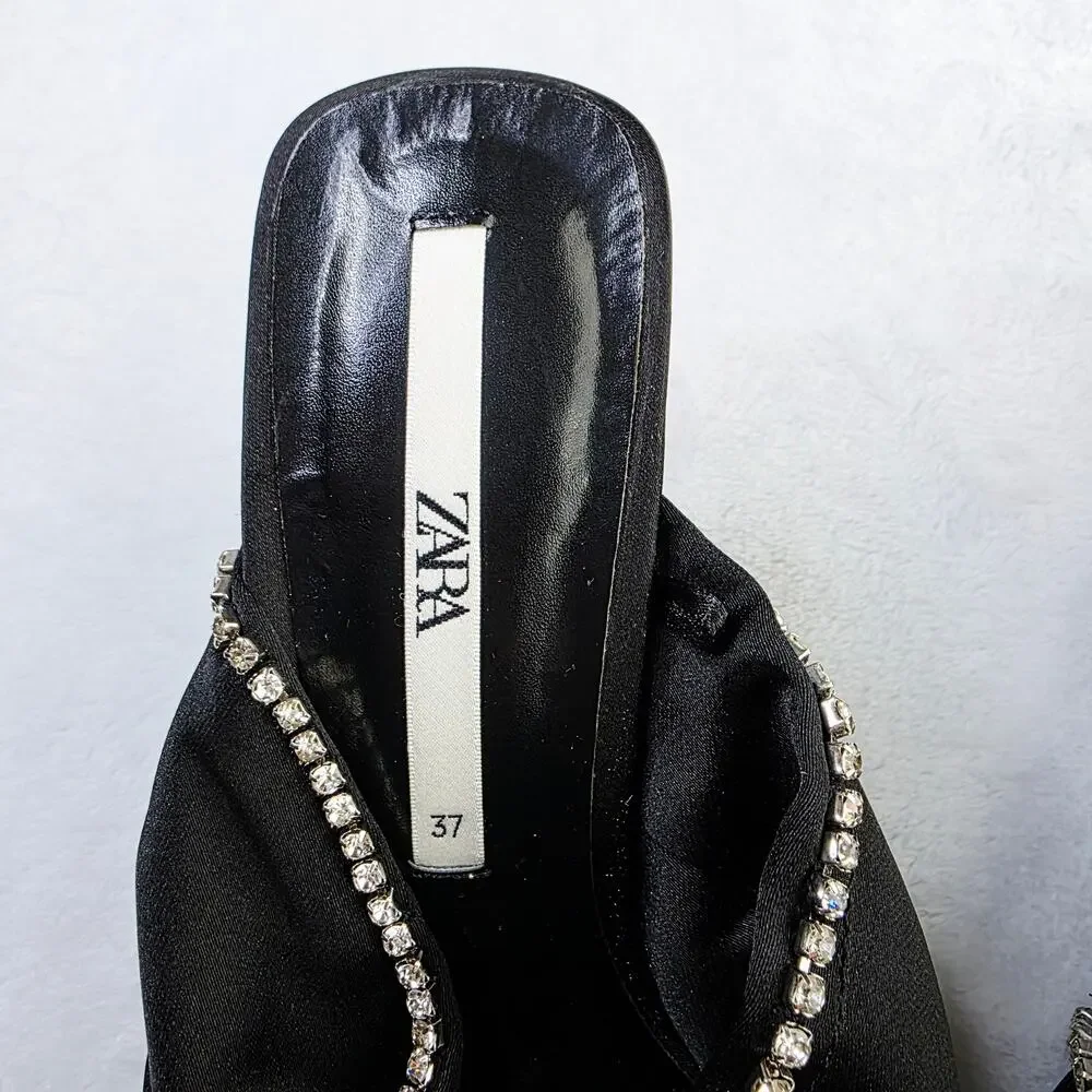 ZARA Satin Mule Heels EU 37 6.5 Black Rhinestone Bow Slip-On Glam Coquette Y2K